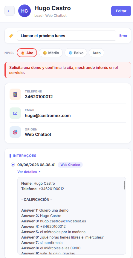 Ficha de un lead cualificado en la app móvil de Supernova