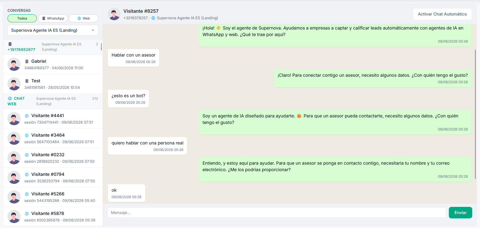Bandeja de entrada unificada de Supernova con conversaciones de WhatsApp y web